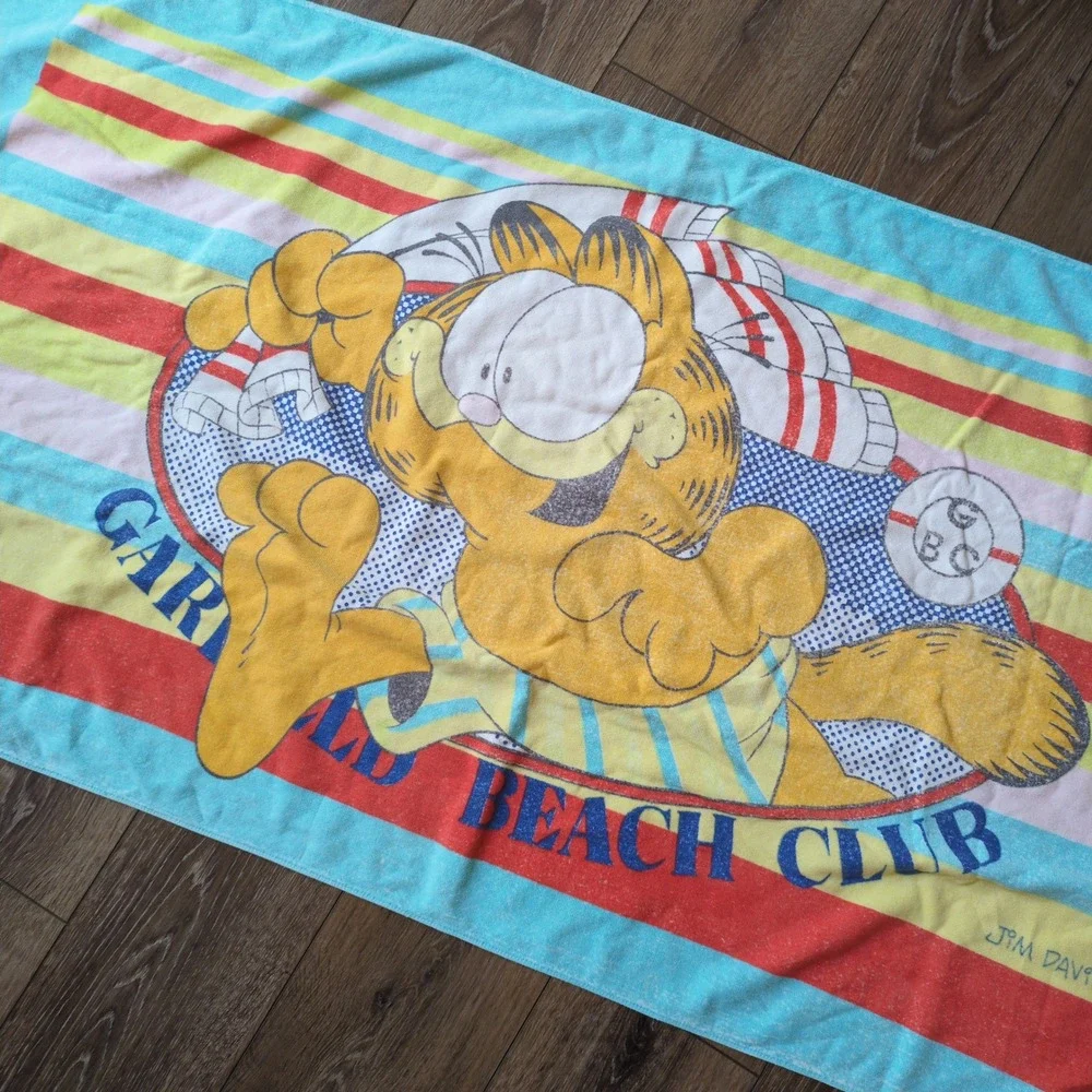 Vtg 1978 Garfield Beach Club Towel Blue Striped Jim Davis Cartoon Stripe 57x29